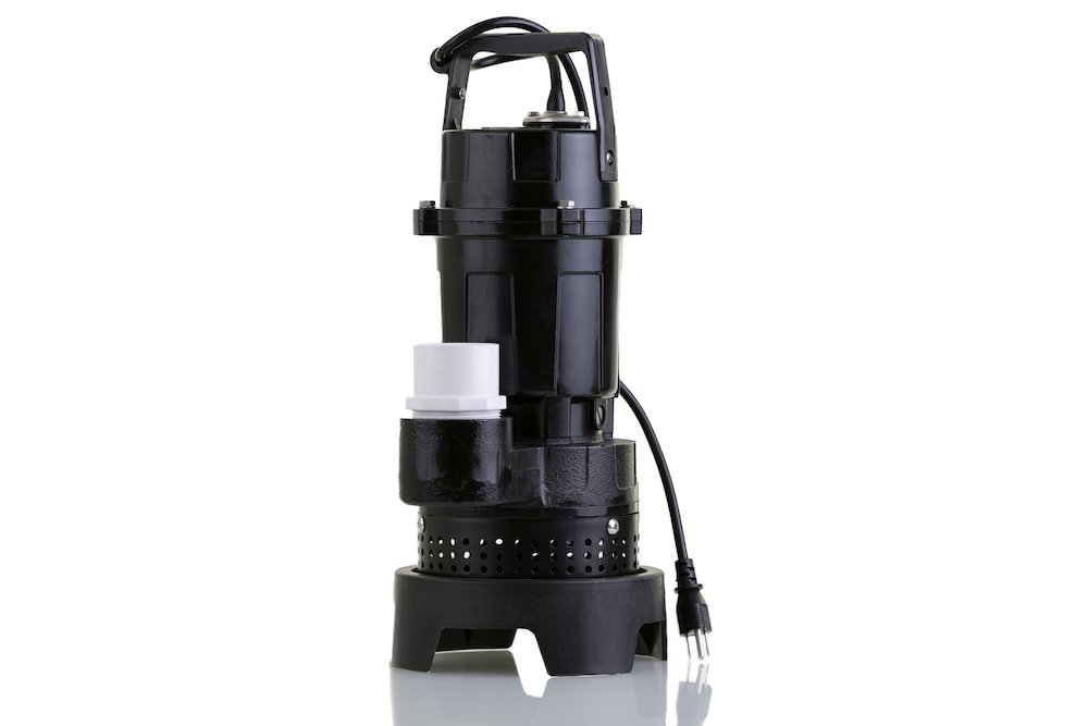 A black sump pump on a white background