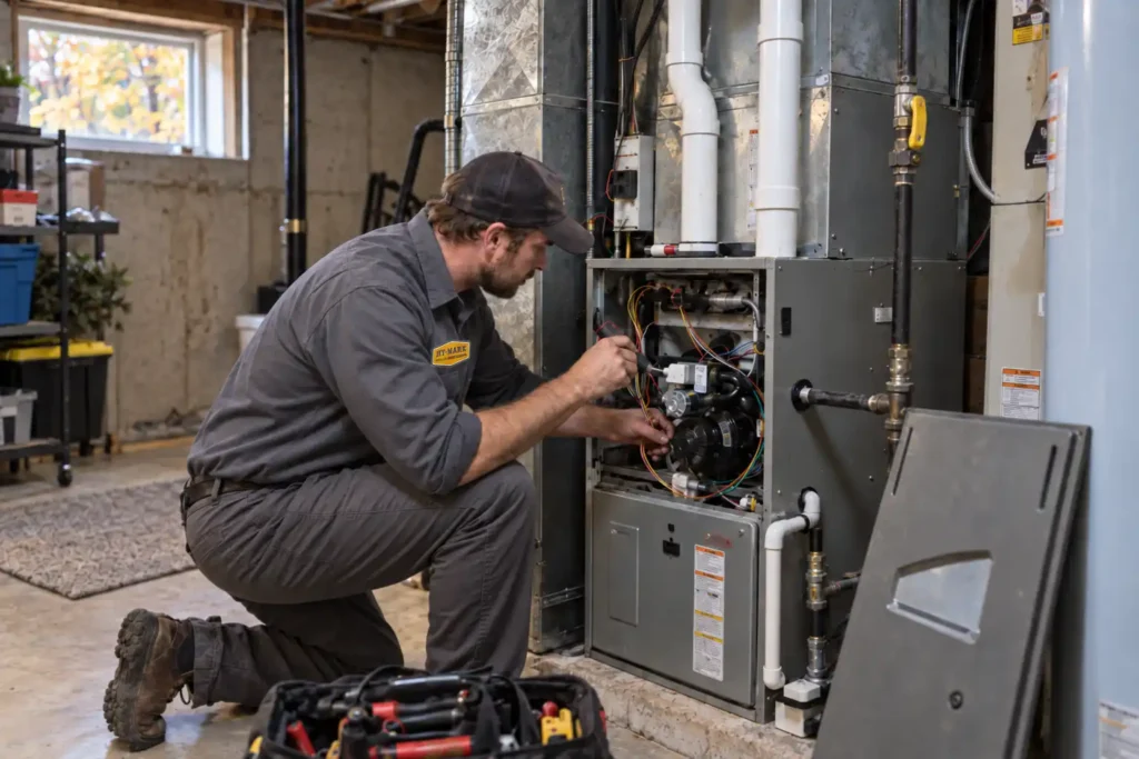 Hy-Mark technician performing a furnace tune-up in a residential basement in Guelph, Ontario
