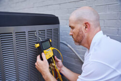 Lennox technician testing a newly installed air conditioning system
